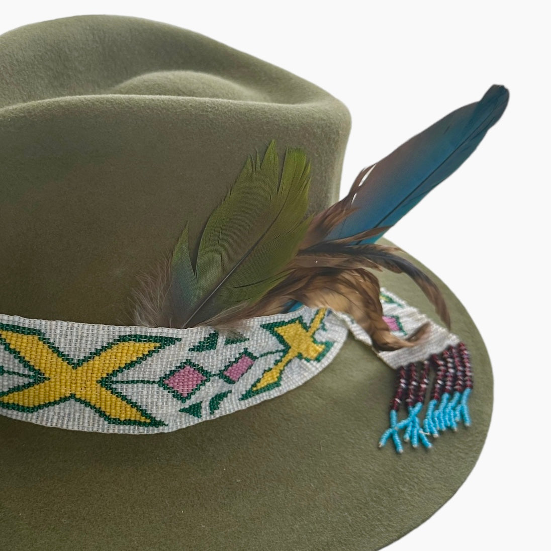 Olive Teardrop Felt with Vintage Beaded Hat Band