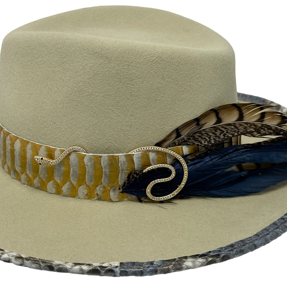 Gold Silver Belly Fedora with Snake Brim Biter